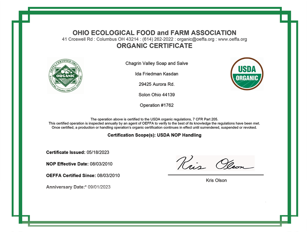 Chagrin Valley Soap & Salve USDA Certified Organic Skin Care Certificate